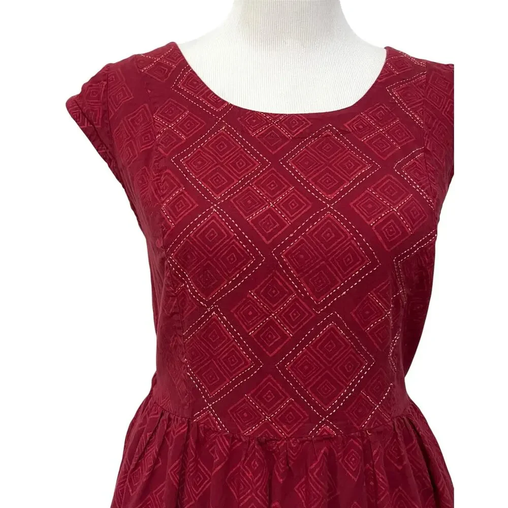 Mata Traders Fit & Flare Dress Womens Medium Crimson Red Cotton Cap Sleeves